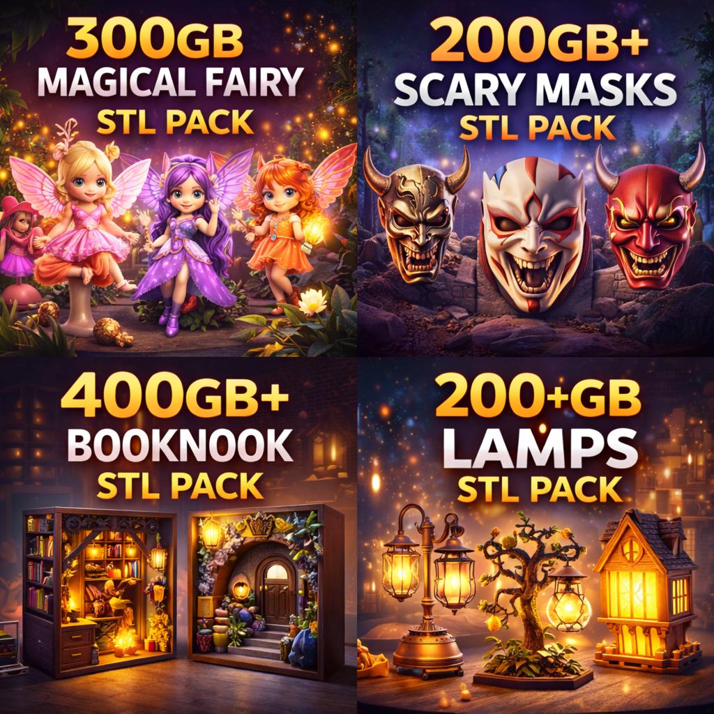 200TB STL Mega Bundle, 3D Print Files Collection, 50+ Categories, Miniatures, Vehicles, Anime, Book Nook, Flexi Animals