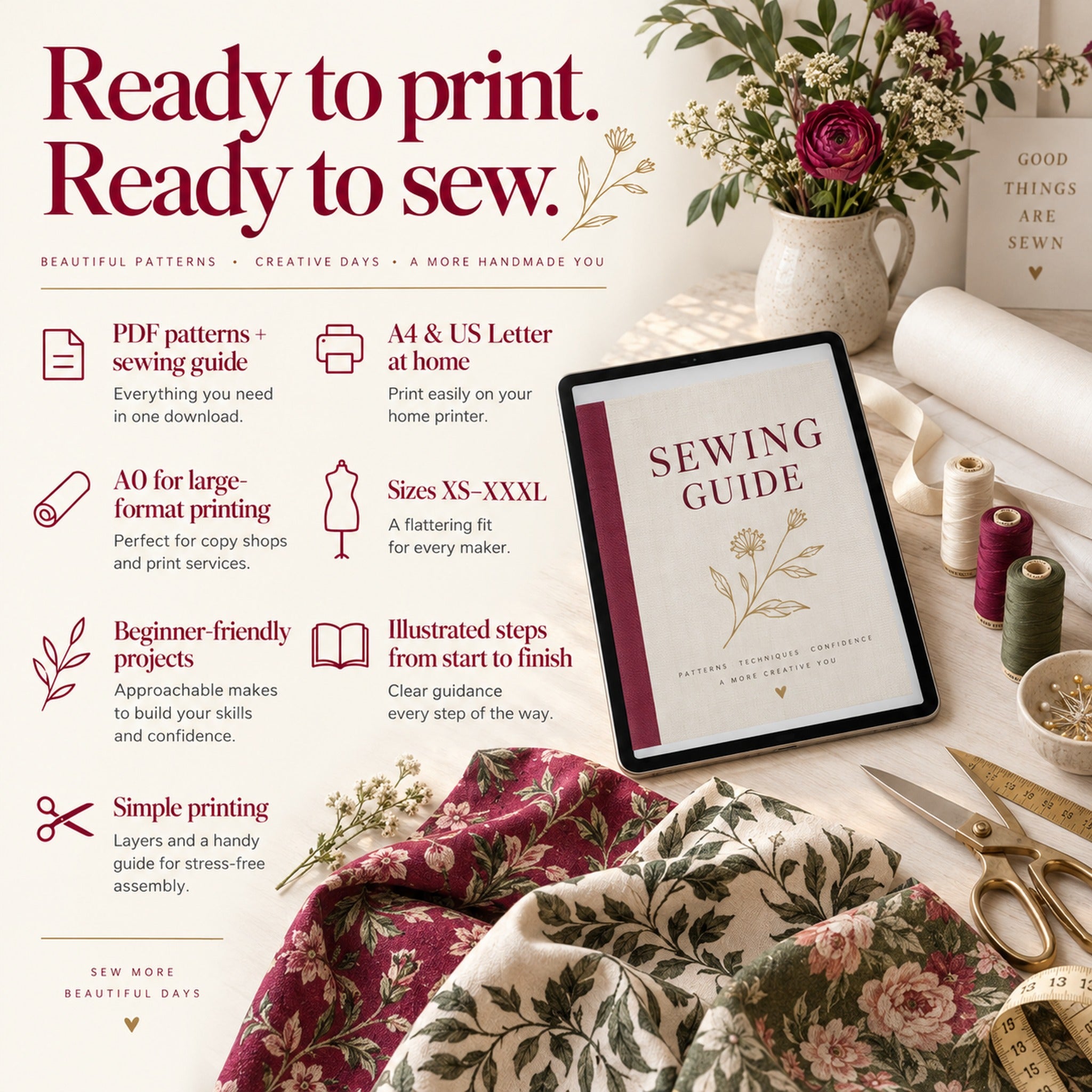 Sewing guides and printable pattern resources arranged on a sewing table