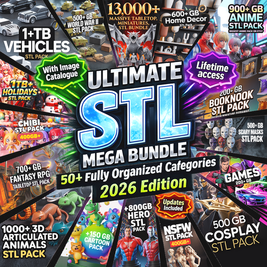 200TB+ Mega STL Bundle | Flexi Animals, Dragons, Vehicles, Anime Figures, Cosplay Props, 3D Print Files Collection