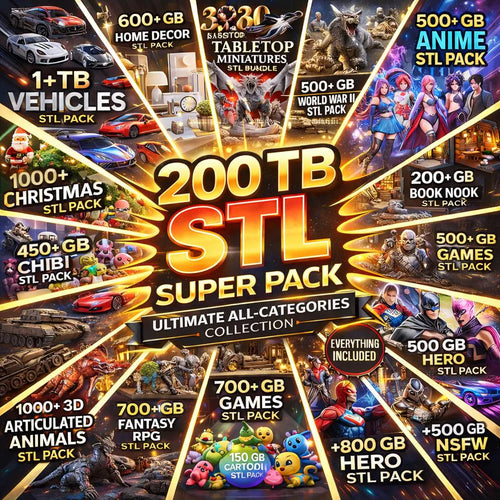 200TB STL Mega Bundle, 3D Print Files Collection, 50+ Categories, Miniatures, Vehicles, Anime, Book Nook, Flexi Animals