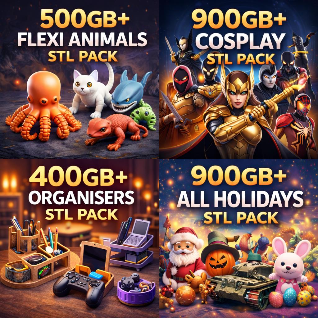 200TB STL Mega Bundle, 3D Print Files Collection, 50+ Categories, Miniatures, Vehicles, Anime, Book Nook, Flexi Animals