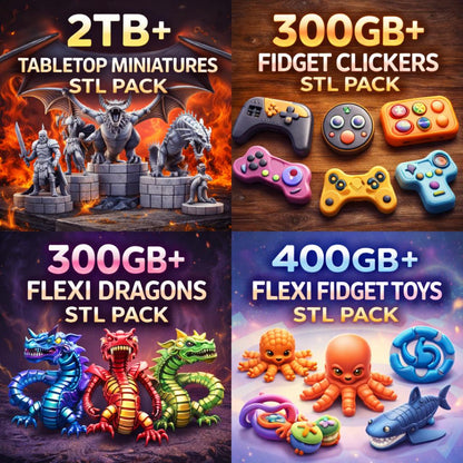 200TB STL Mega Bundle, 3D Print Files Collection, 50+ Categories, Miniatures, Vehicles, Anime, Book Nook, Flexi Animals