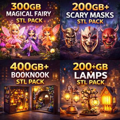 200TB STL Mega Bundle, 3D Print Files Collection, 50+ Categories, Miniatures, Vehicles, Anime, Book Nook, Flexi Animals